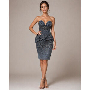 Mandalay Strapless Dress 8 Blue Grey Beaded Lace Peplum Cocktail NWT